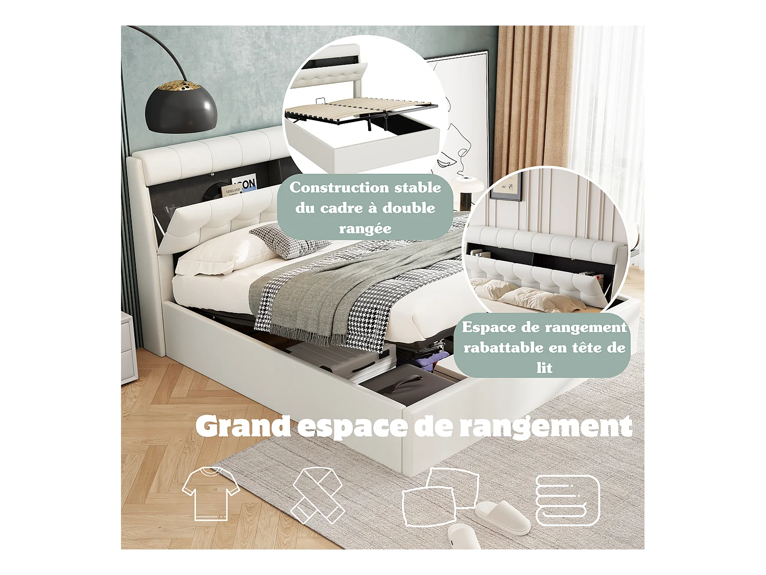 Bed met hydraulische opbergruimte, PU, wit, met lade en hoofdeinde, 140x190 cm (188,5x31x18 cm)