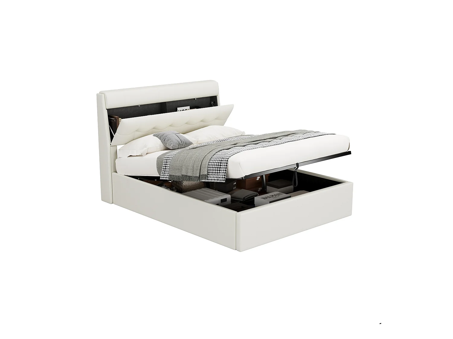 Bed met hydraulische opbergruimte, PU, wit, met lade en hoofdeinde, 140x190 cm (188,5x31x18 cm)