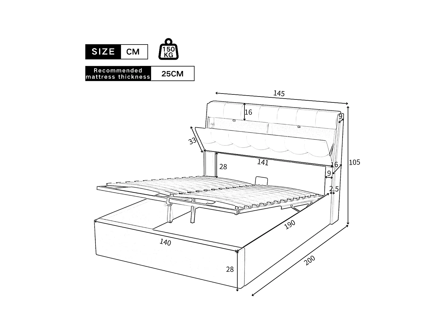 Bed met hydraulische opbergruimte, PU, wit, met lade en hoofdeinde, 140x190 cm (188,5x31x18 cm)
