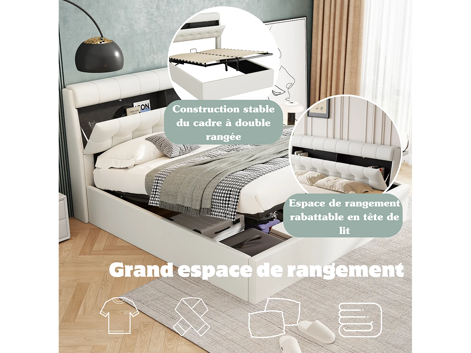 Bed met hydraulische opbergruimte, PU, wit, met lade en hoofdeinde, 140x190 cm (188,5x31x18 cm)