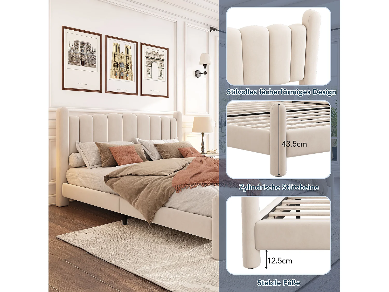 Bed met golvend hoofdeinde en cilindrische poten, met lattenbodem, fluweel, beige, (160x200 cm)