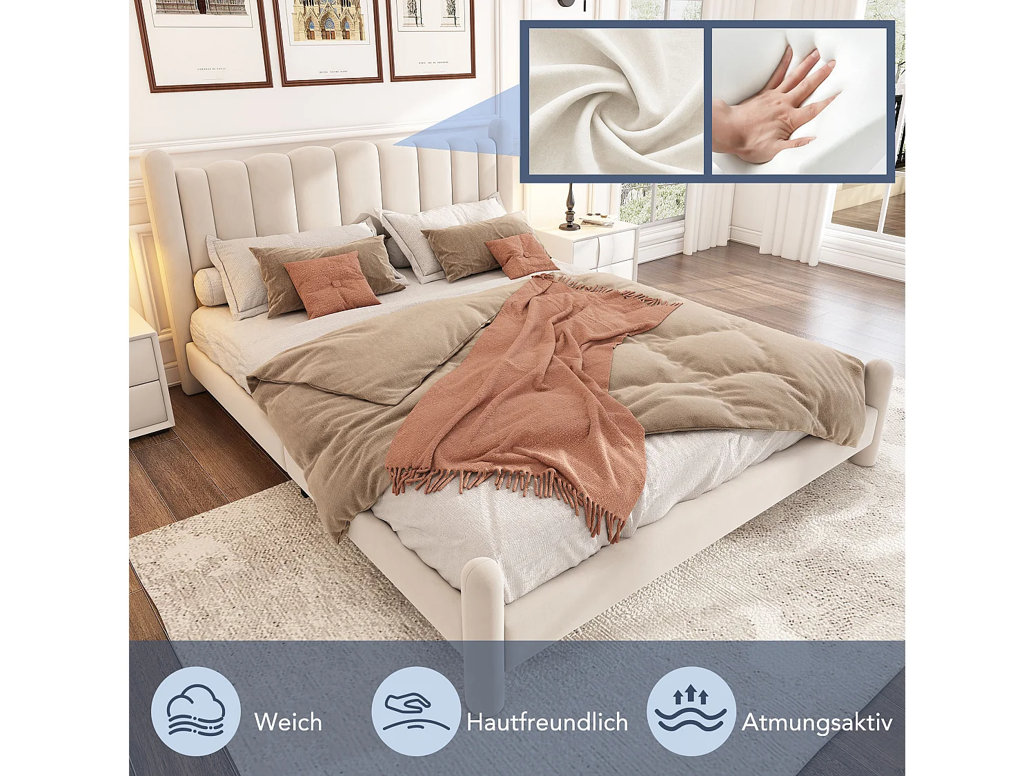 Bed met golvend hoofdeinde en cilindrische poten, met lattenbodem, fluweel, beige, (160x200 cm)