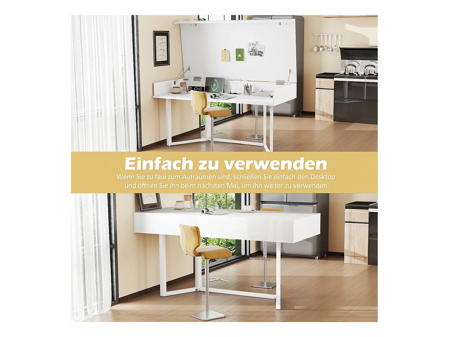 Escritorio plegable multifunción con enchufe europeo - MDF, negro y roble, con espacio de almacenamiento (120x50x76 cm)