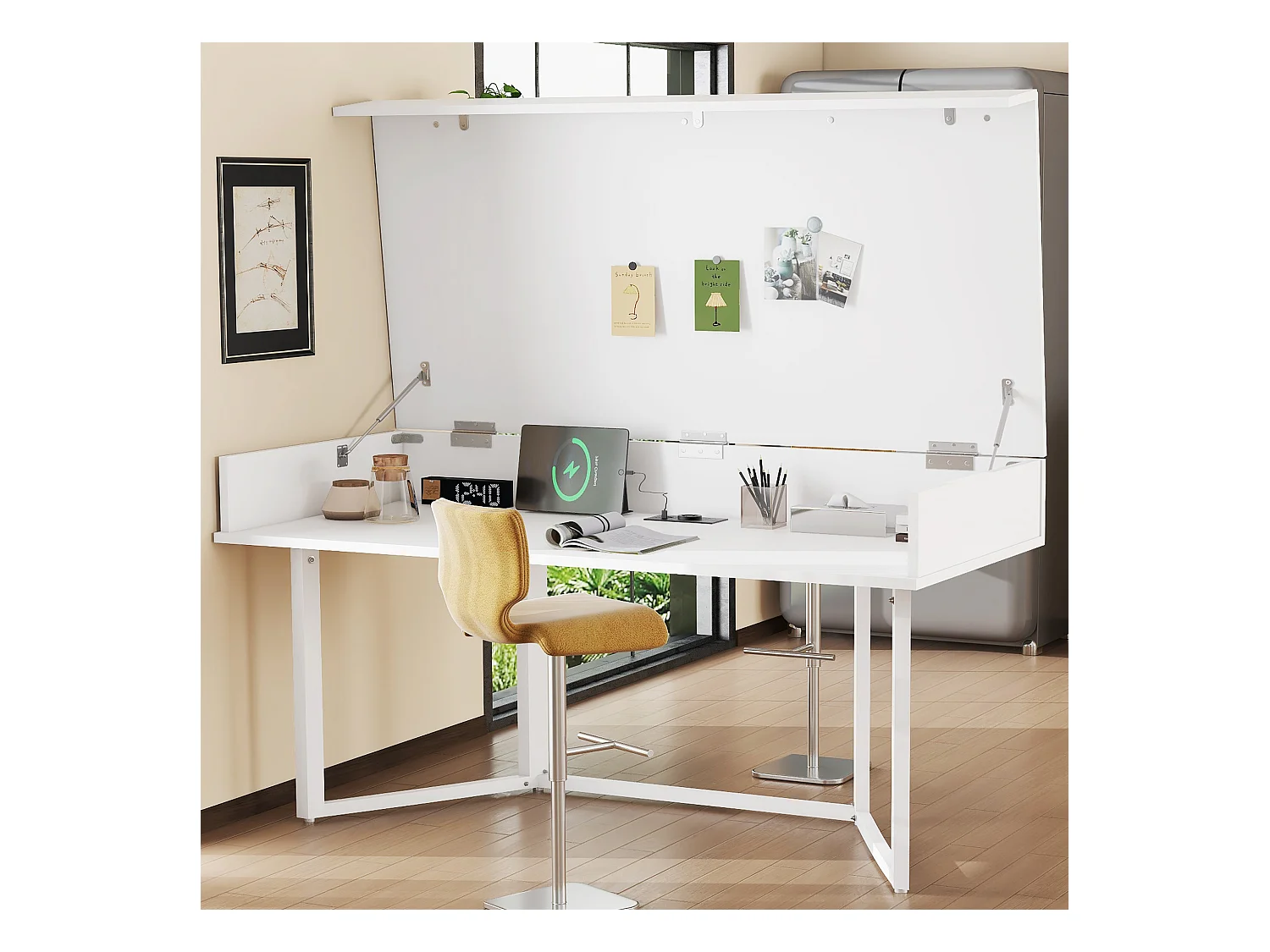 Bureau multifonction pliable avec prise européenne – MDF, noir et chêne, avec espace de rangement (120x50x76 cm)