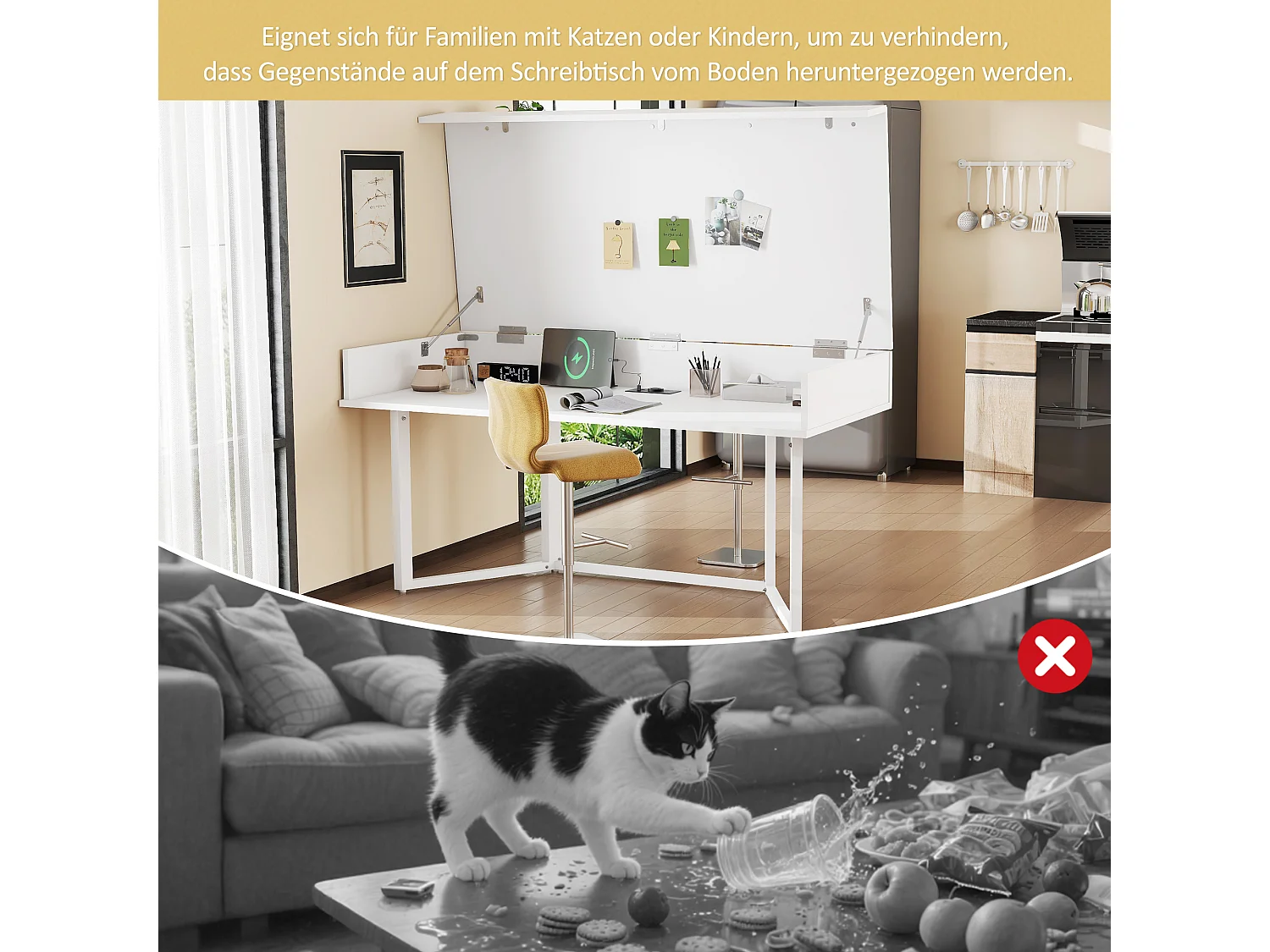 Bureau multifonction pliable avec prise européenne – MDF, noir et chêne, avec espace de rangement (120x50x76 cm)