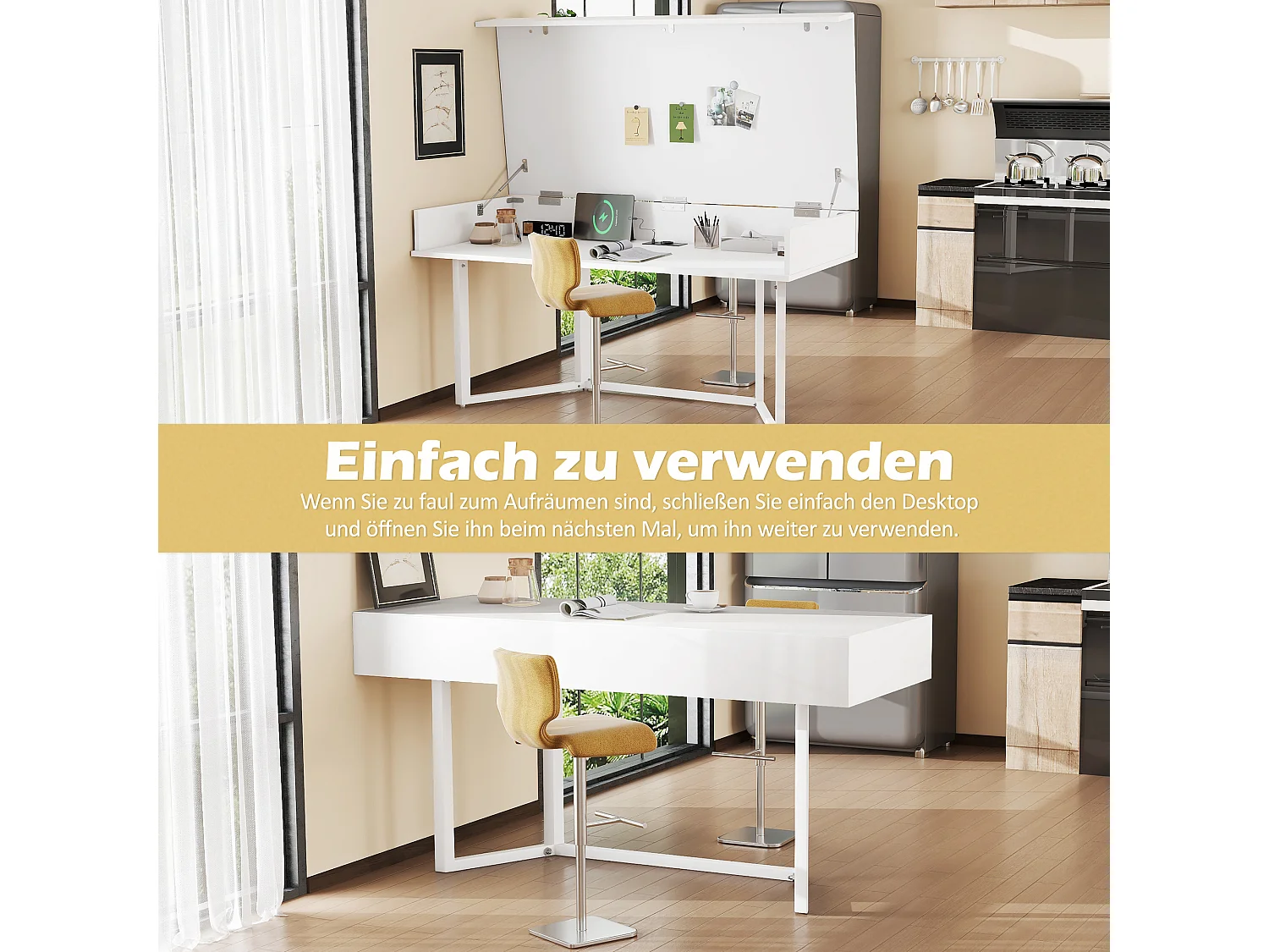 Bureau multifonction pliable avec prise européenne – MDF, noir et chêne, avec espace de rangement (120x50x76 cm)