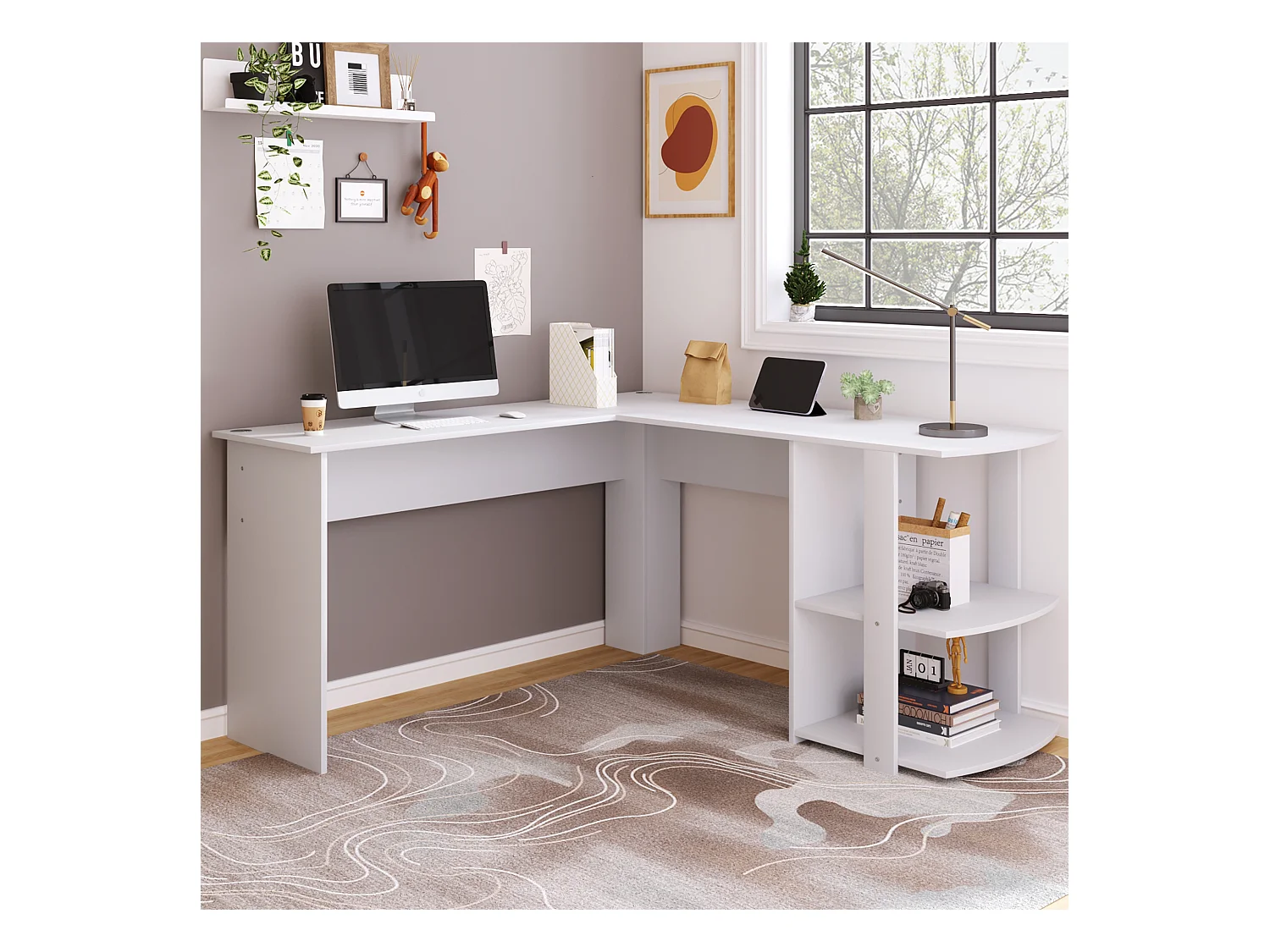 Bureau d'angle L avec 2 étagères, en panneau de particules, blanc (75x140x140 cm)