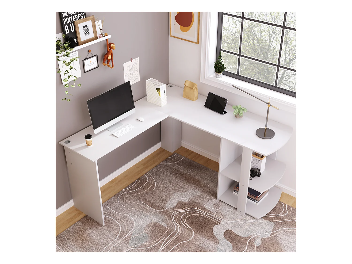 Bureau d'angle L avec 2 étagères, en panneau de particules, blanc (75x140x140 cm)