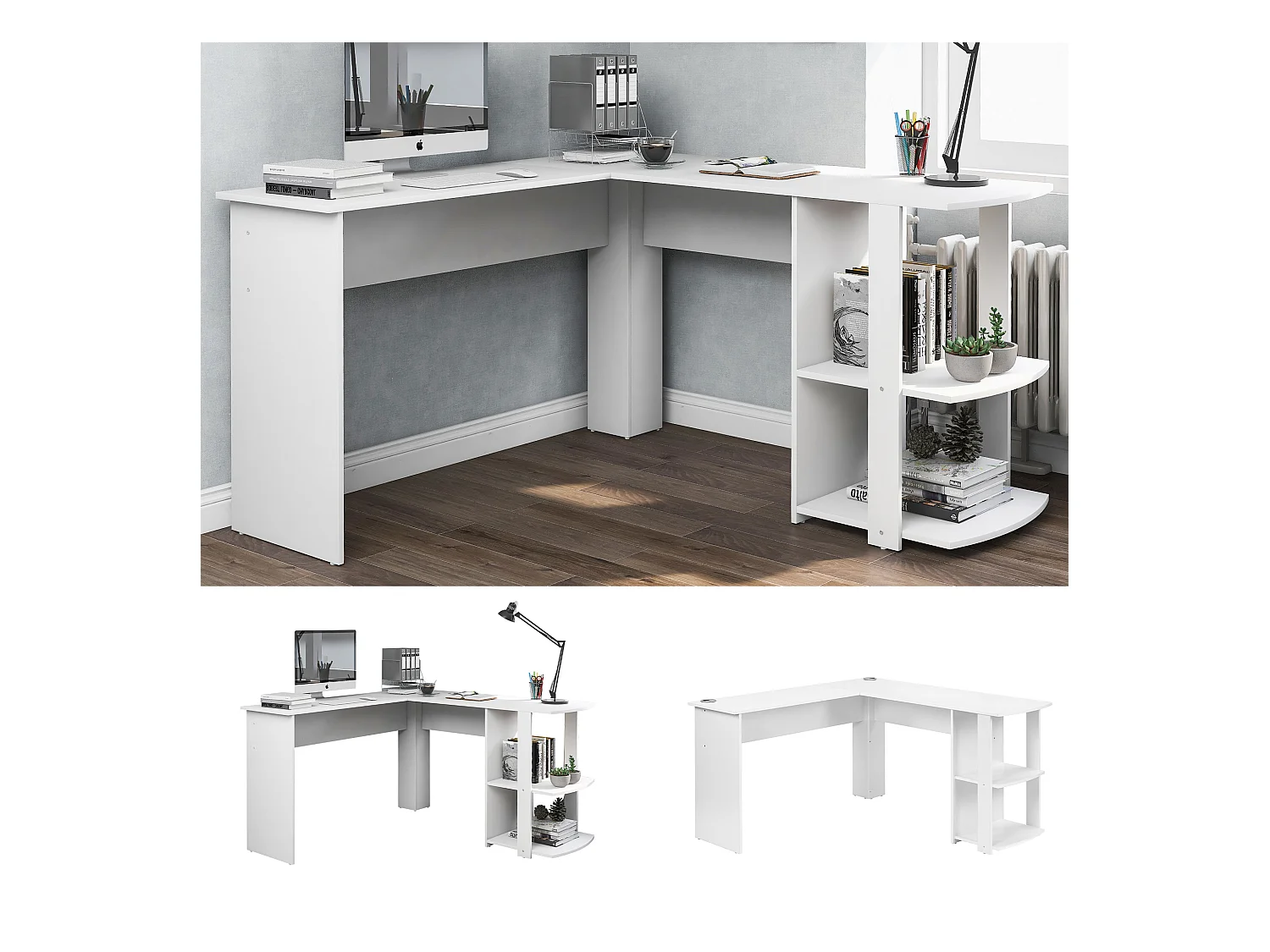 Bureau d'angle L avec 2 étagères, en panneau de particules, blanc (75x140x140 cm)
