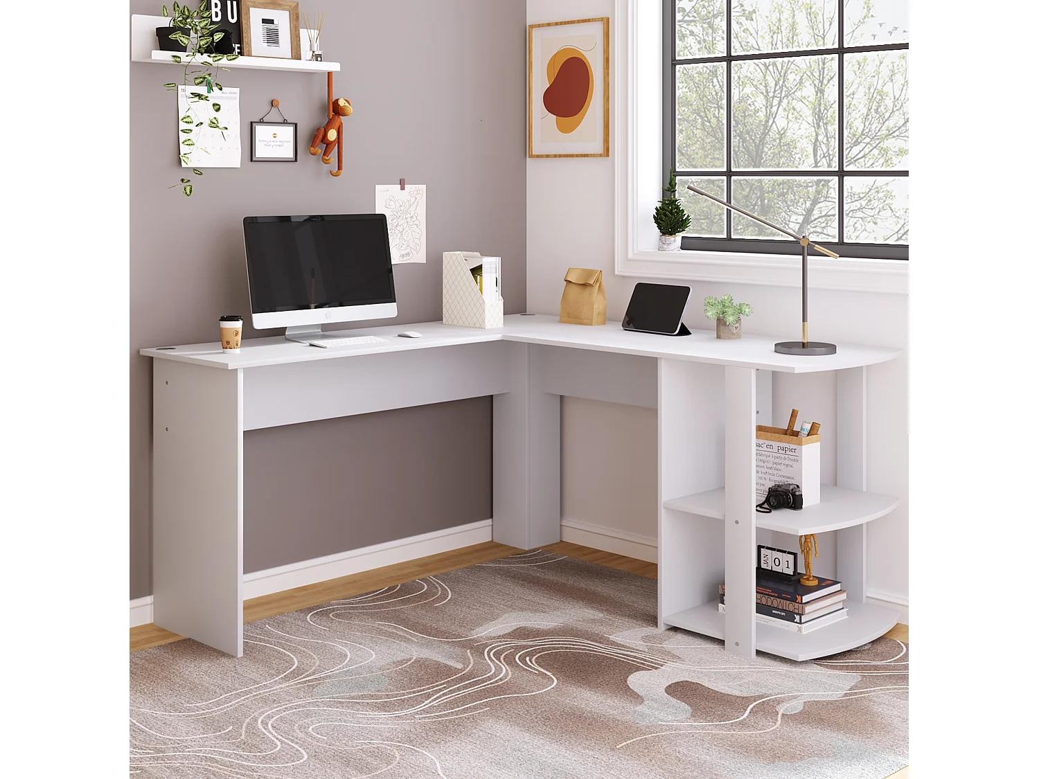 L-vormig hoekbureau met 2 legplanken, gemaakt van spaanplaat, wit (75x140x140 cm)