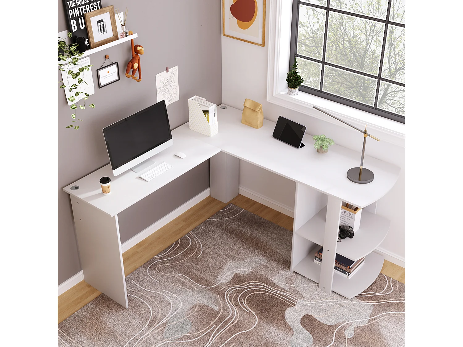 L-vormig hoekbureau met 2 legplanken, gemaakt van spaanplaat, wit (75x140x140 cm)