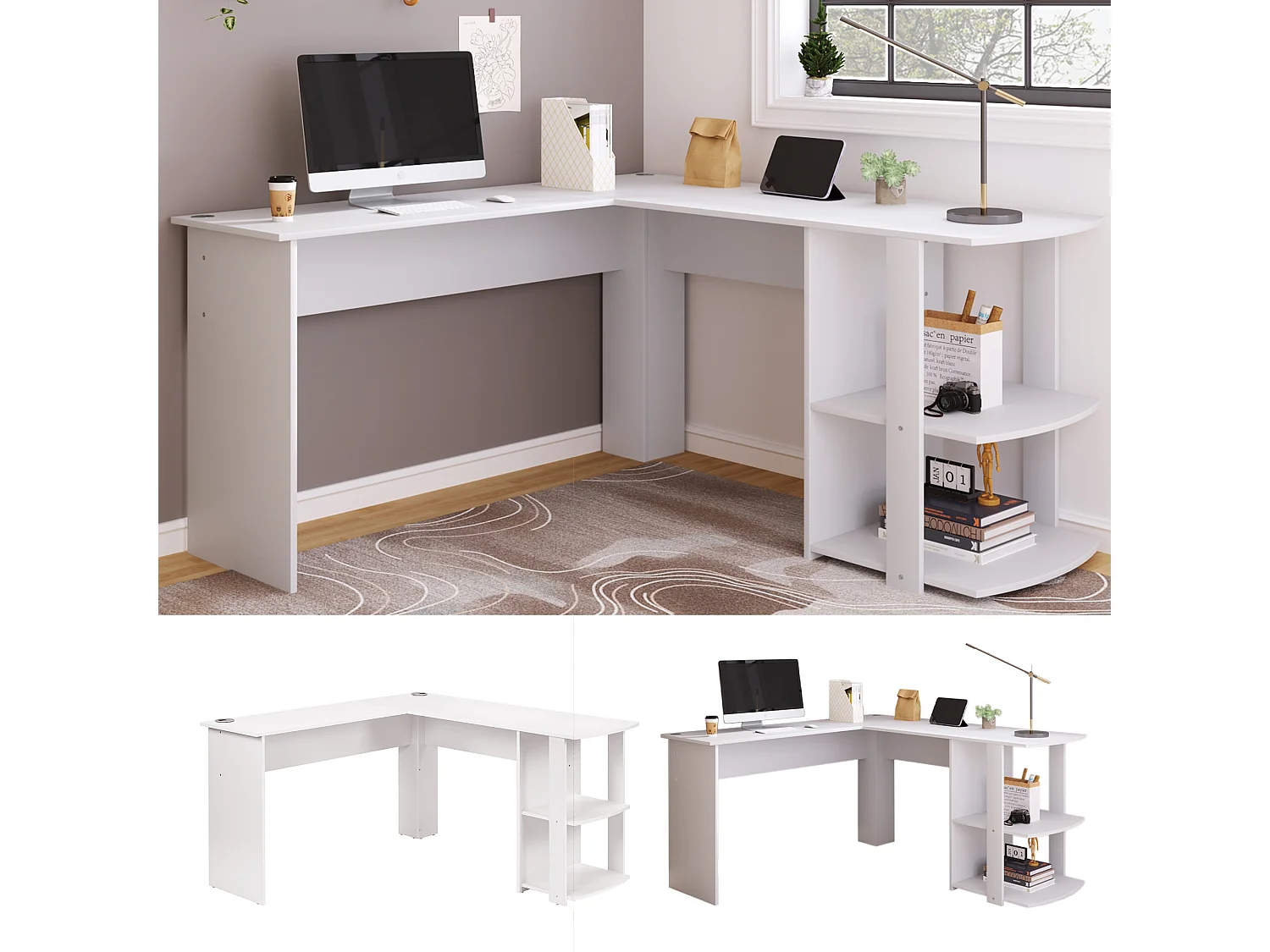 L-vormig hoekbureau met 2 legplanken, gemaakt van spaanplaat, wit (75x140x140 cm)