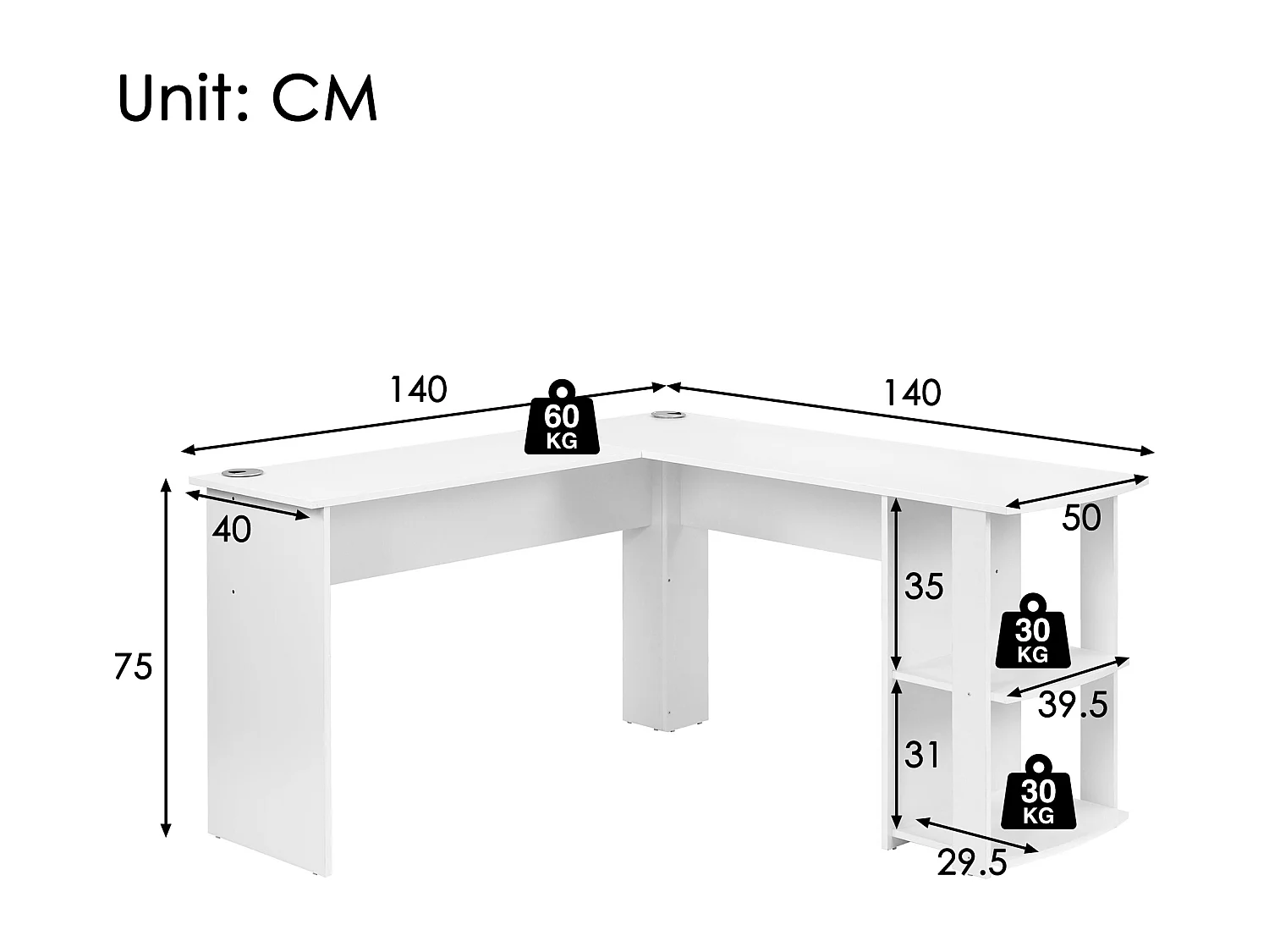 L-vormig hoekbureau met 2 legplanken, gemaakt van spaanplaat, wit (75x140x140 cm)