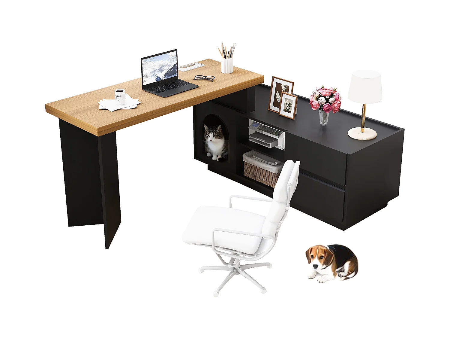 Scrivania angolare con cuccia integrata – 120x50 cm, MDF, flessibile, design a L o lineare, nero e rovere (120x50x72 cm)