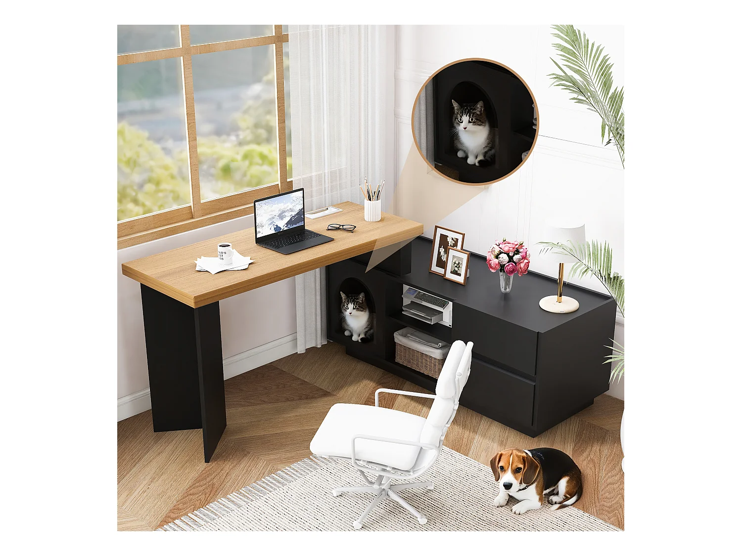 Bureau d'angle avec maison pour animal intégré – 120x50 cm, MDF, flexible, design L ou linéaire, noir et chêne (120x50x72 cm)