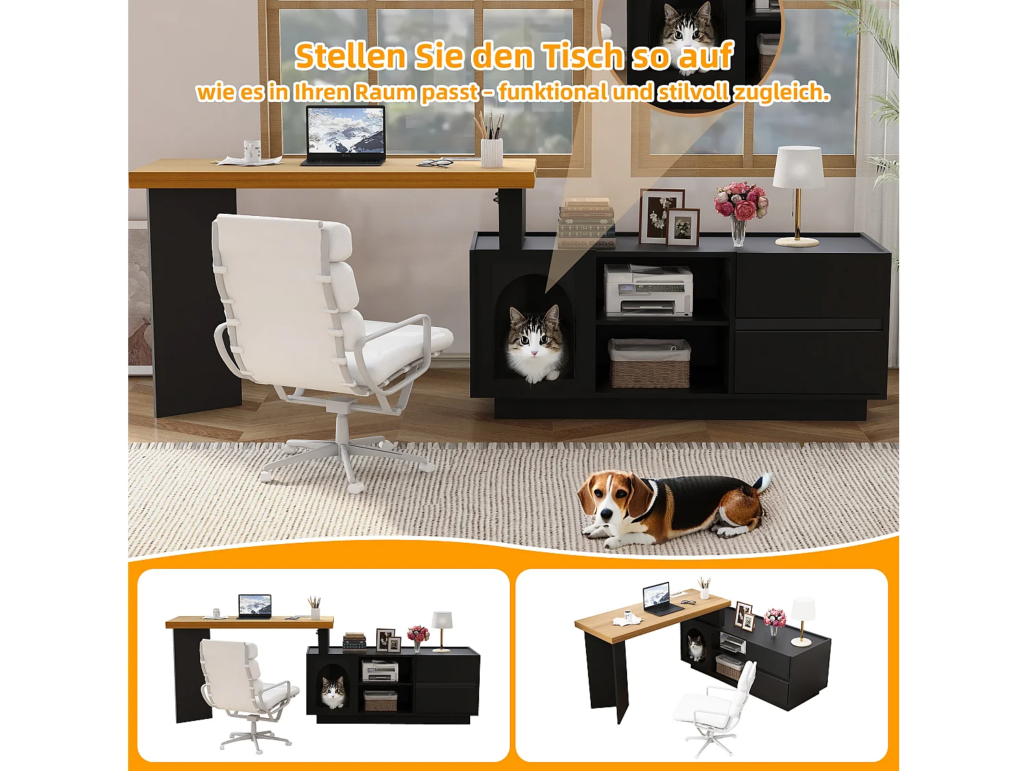 Scrivania angolare con cuccia integrata – 120x50 cm, MDF, flessibile, design a L o lineare, nero e rovere (120x50x72 cm)