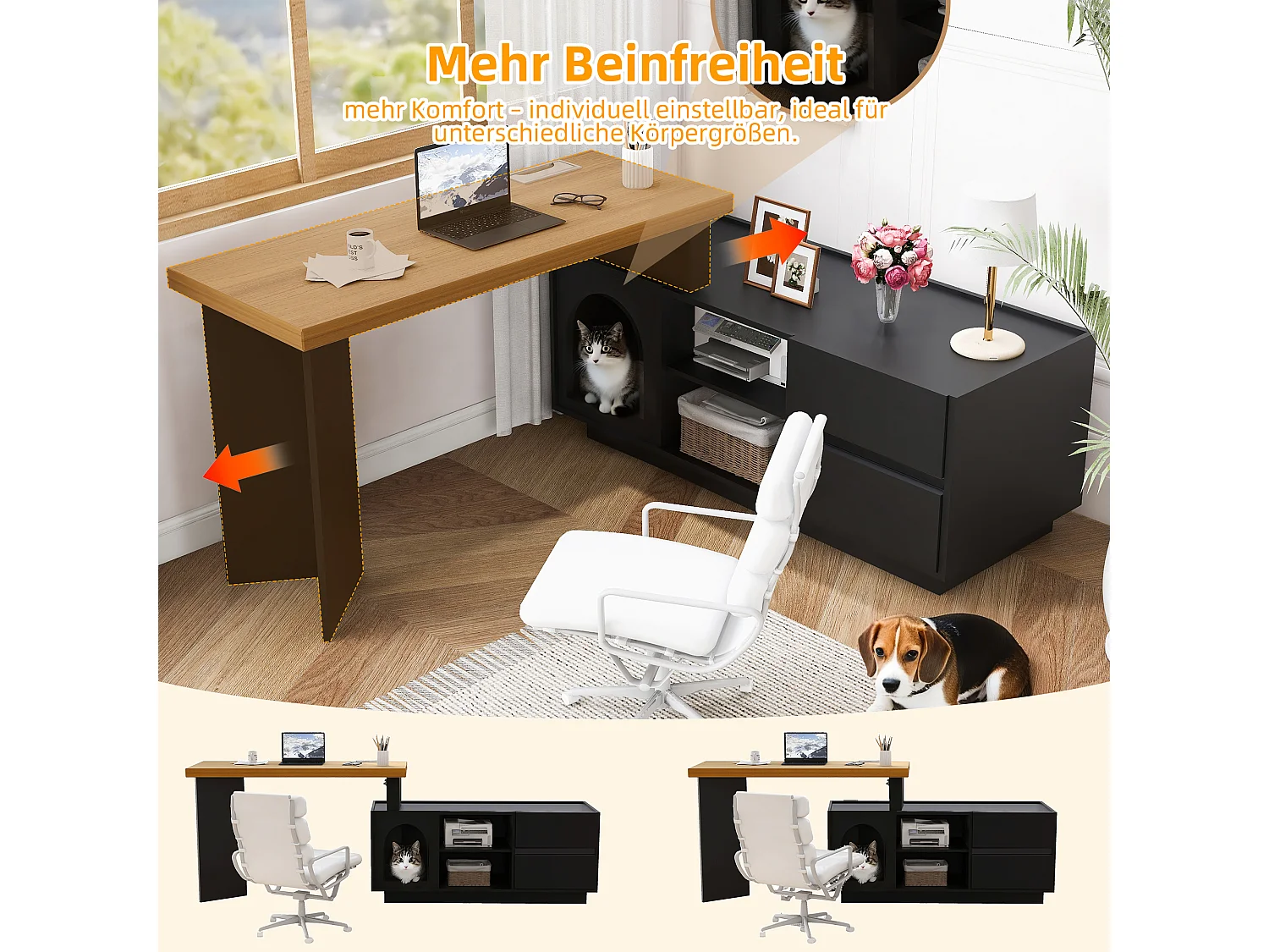 Scrivania angolare con cuccia integrata – 120x50 cm, MDF, flessibile, design a L o lineare, nero e rovere (120x50x72 cm)