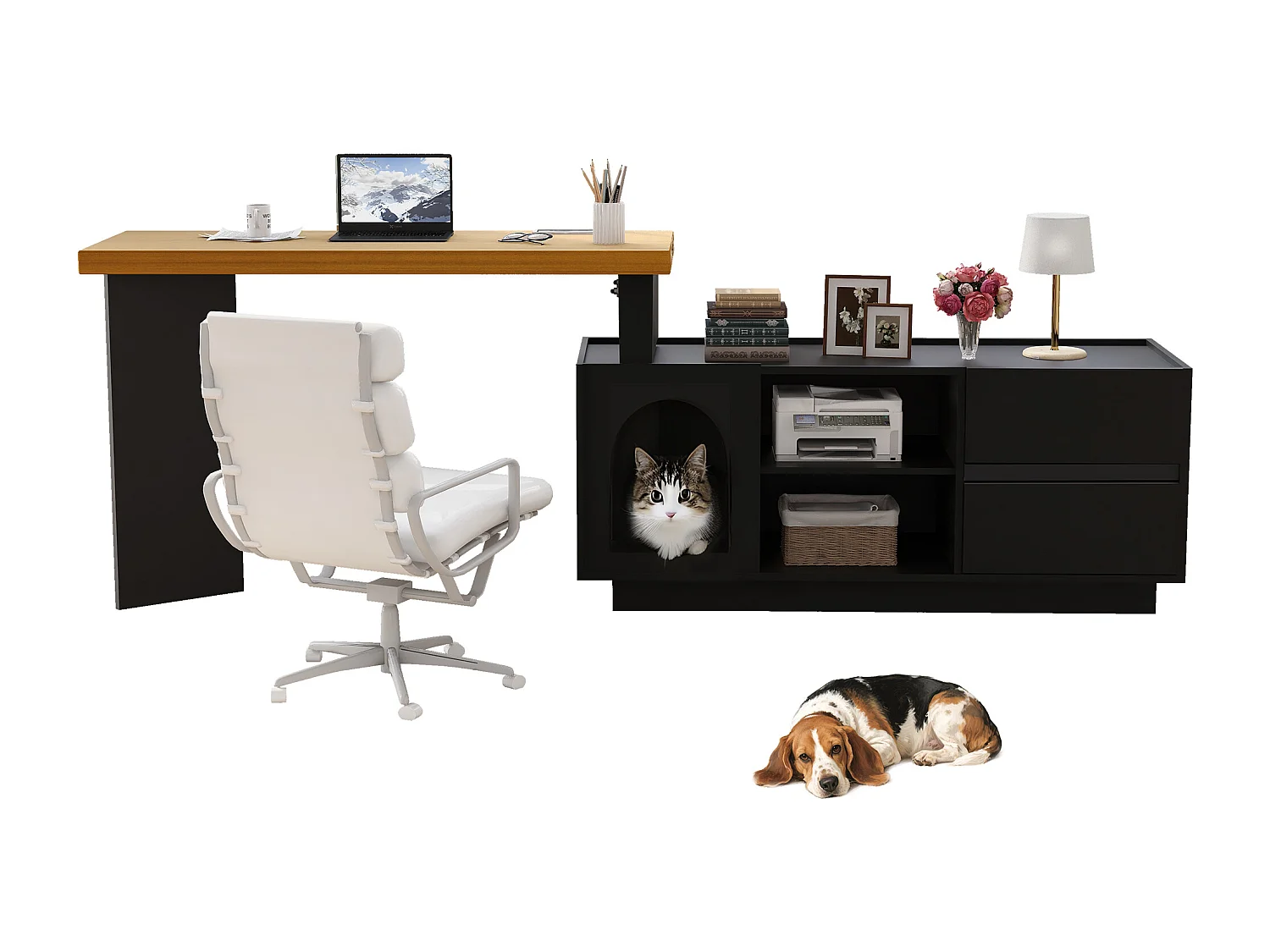 Scrivania angolare con cuccia integrata – 120x50 cm, MDF, flessibile, design a L o lineare, nero e rovere (120x50x72 cm)