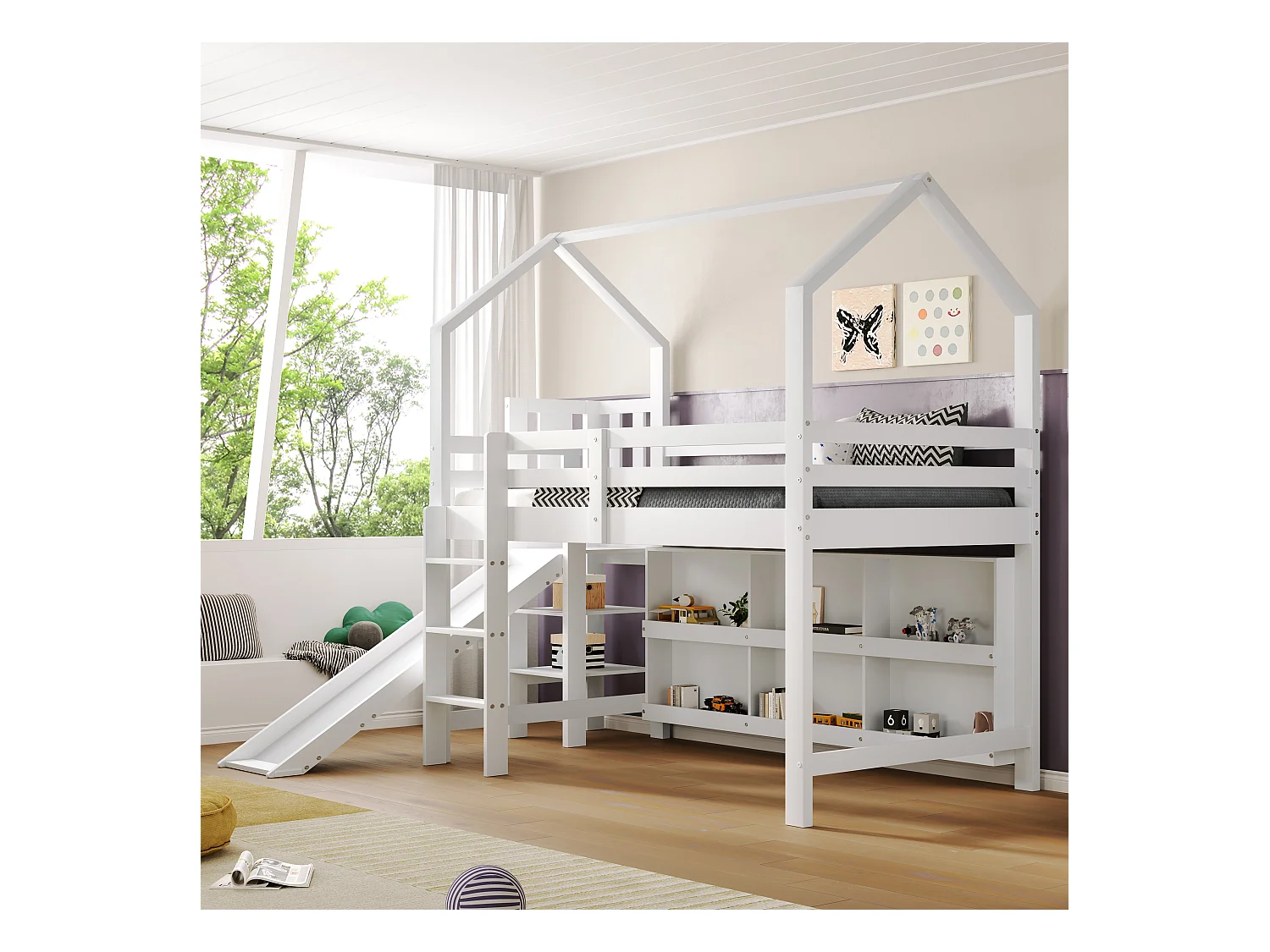 Cama infantil con almacenaje, funcional con tobogán y estantes, madera maciza y MDF, color blanco (246,5x158x208,5 cm)