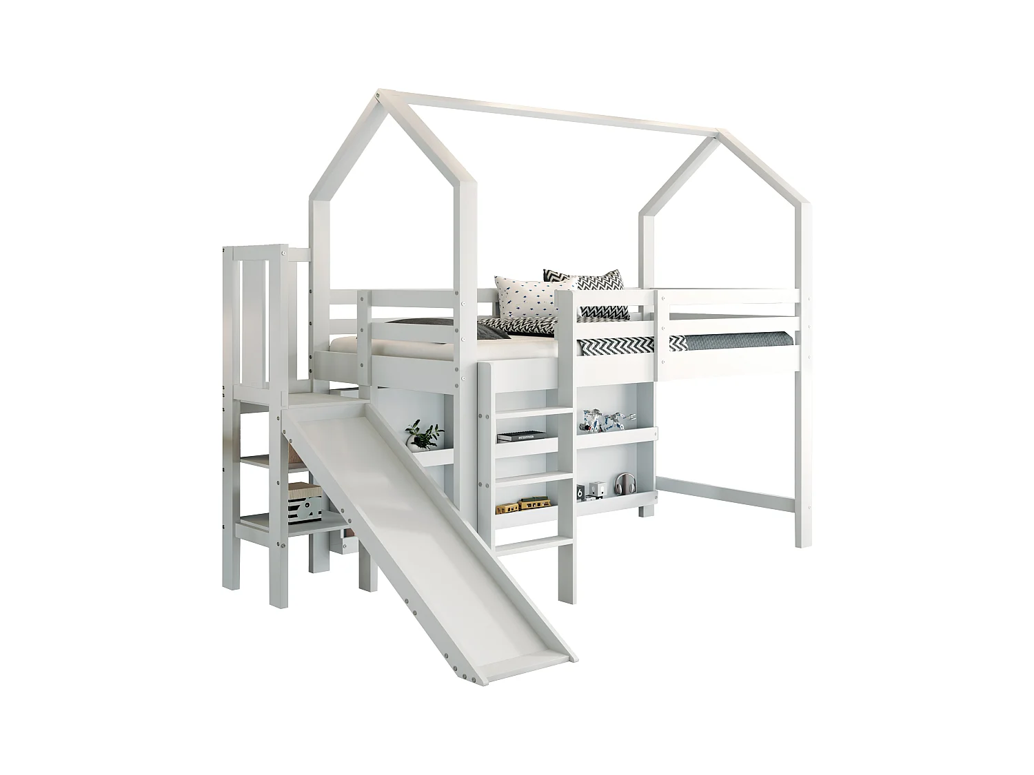 Cama infantil con almacenaje, funcional con tobogán y estantes, madera maciza y MDF, color blanco (246,5x158x208,5 cm)