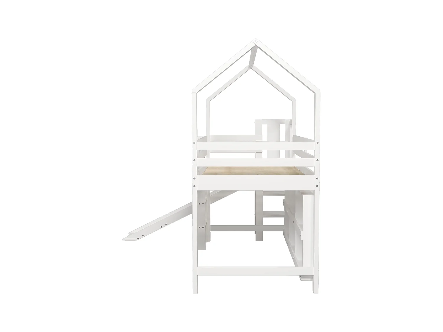 Cama infantil con almacenaje, funcional con tobogán y estantes, madera maciza y MDF, color blanco (246,5x158x208,5 cm)