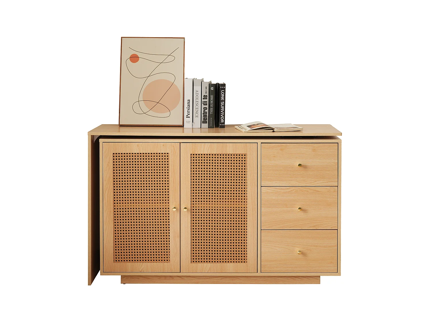 Bureau d'angle L, table d'ordinateur avec portes en rotin, design moderne, blanc, 126 cm (126x40x75 cm)