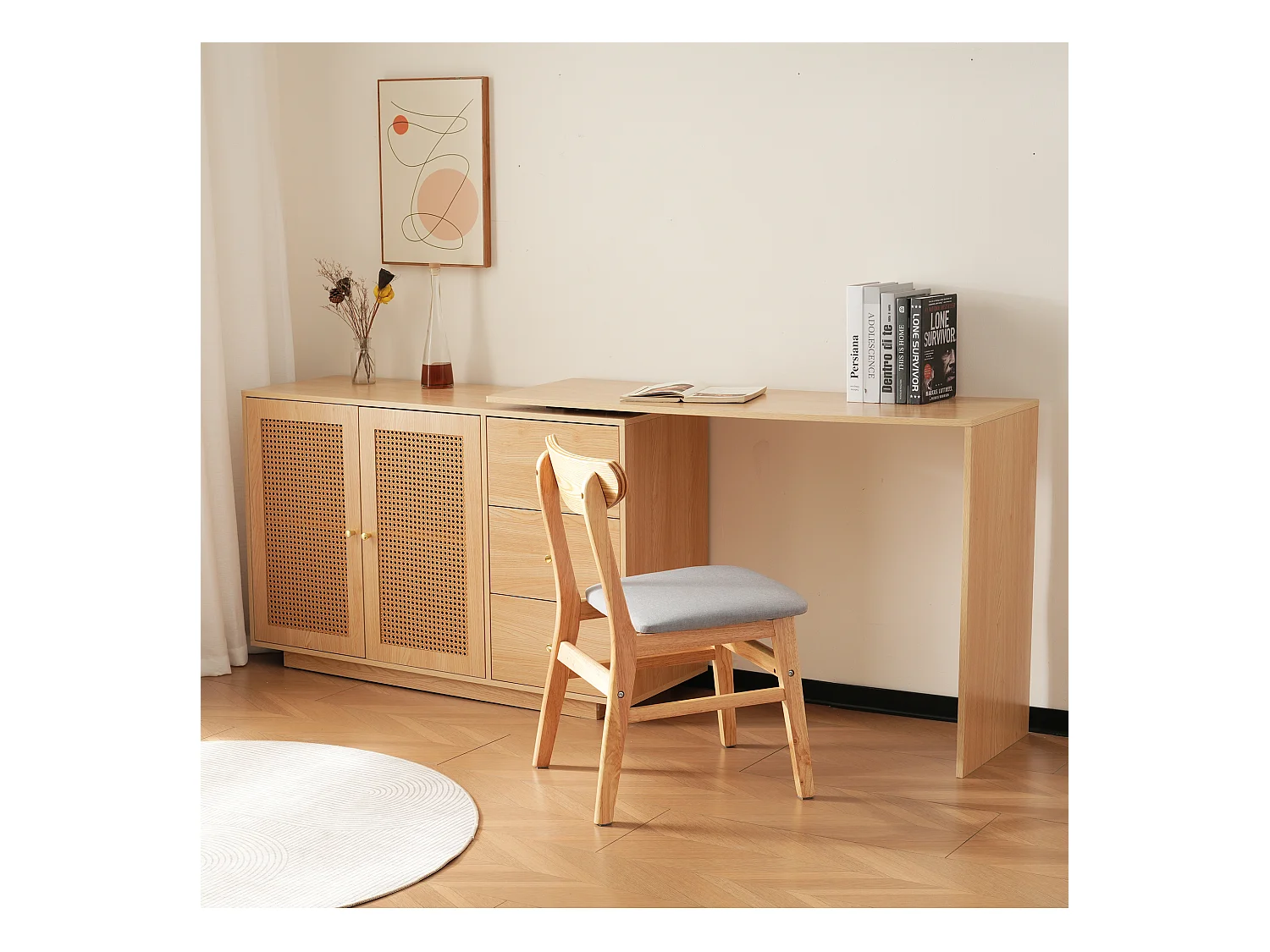 Bureau d'angle L, table d'ordinateur avec portes en rotin, design moderne, blanc, 126 cm (126x40x75 cm)