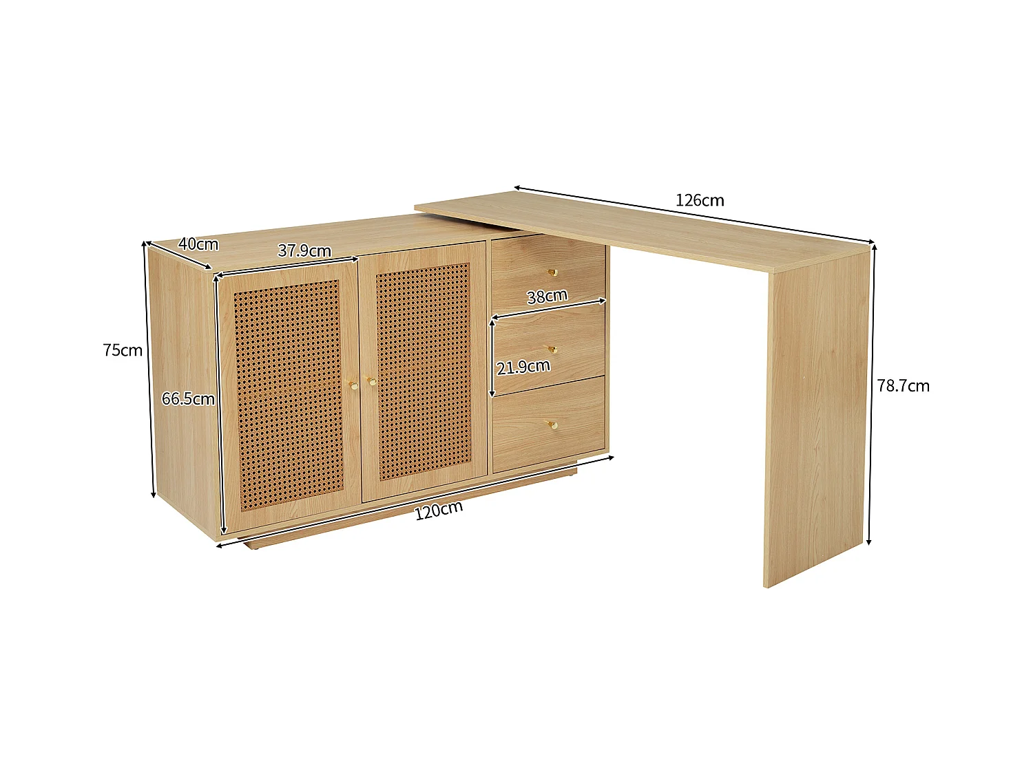 Bureau d'angle L, table d'ordinateur avec portes en rotin, design moderne, blanc, 126 cm (126x40x75 cm)