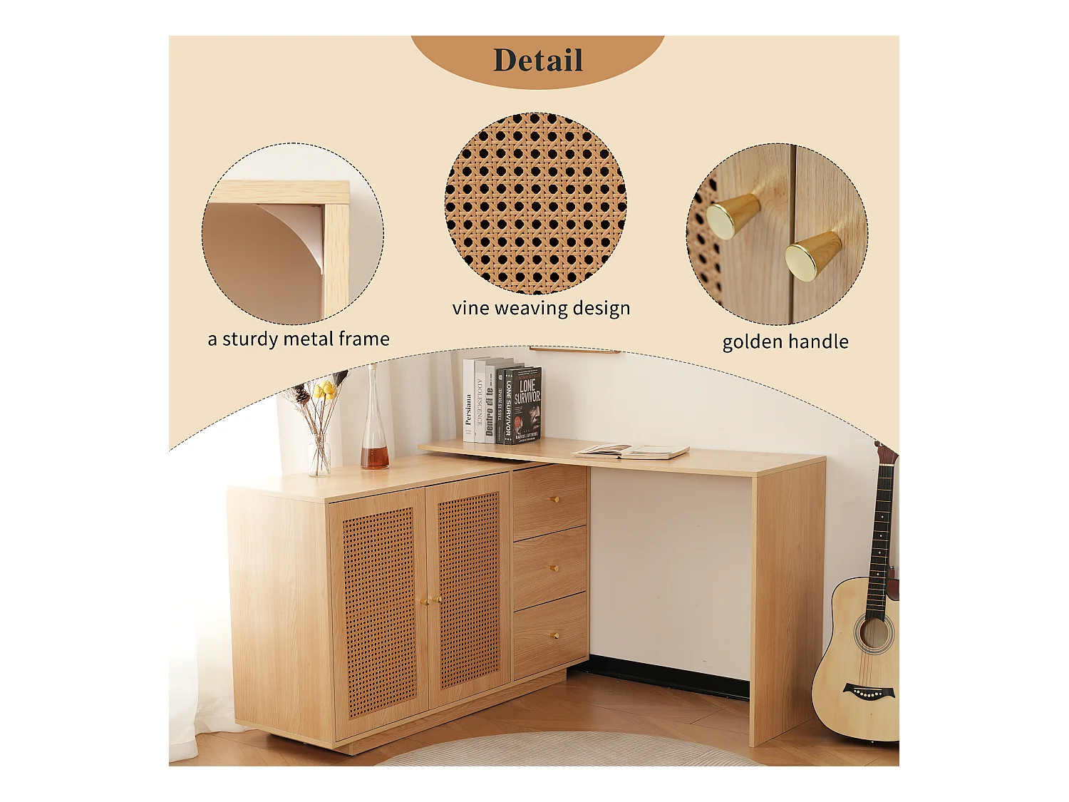 Bureau d'angle L, table d'ordinateur avec portes en rotin, design moderne, blanc, 126 cm (126x40x75 cm)