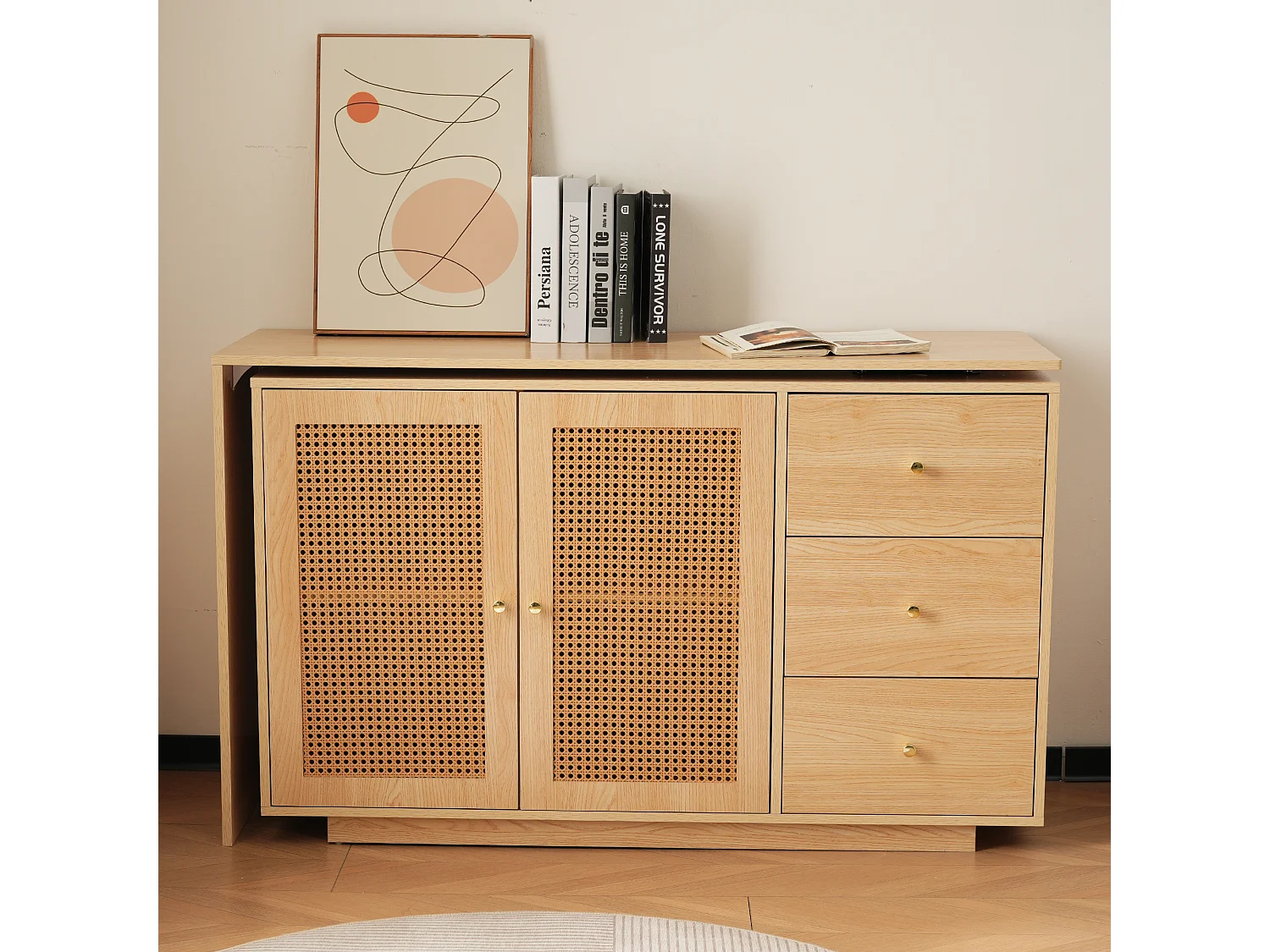 Bureau d'angle L, table d'ordinateur avec portes en rotin, design moderne, blanc, 126 cm (126x40x75 cm)