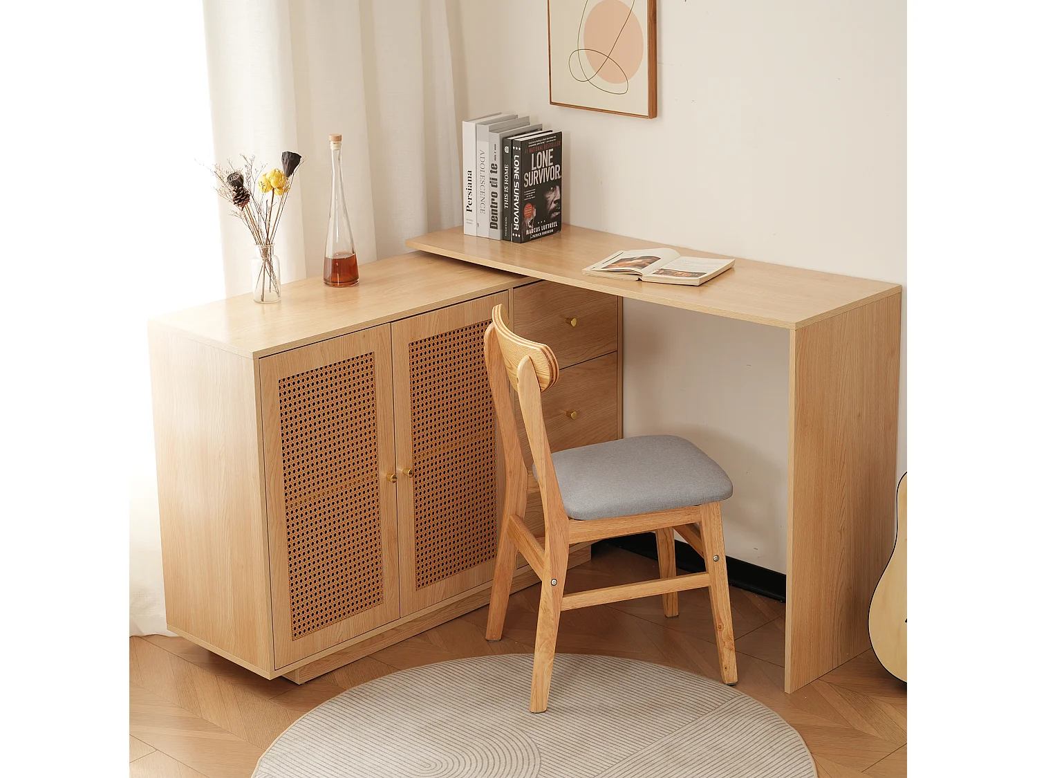 Bureau d'angle L, table d'ordinateur avec portes en rotin, design moderne, blanc, 126 cm (126x40x75 cm)