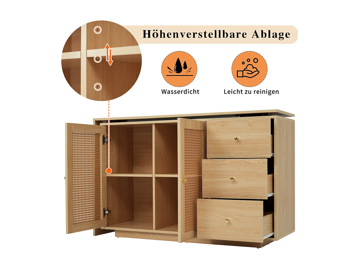 Bureau d'angle L, table d'ordinateur avec portes en rotin, design moderne, blanc, 126 cm (126x40x75 cm)