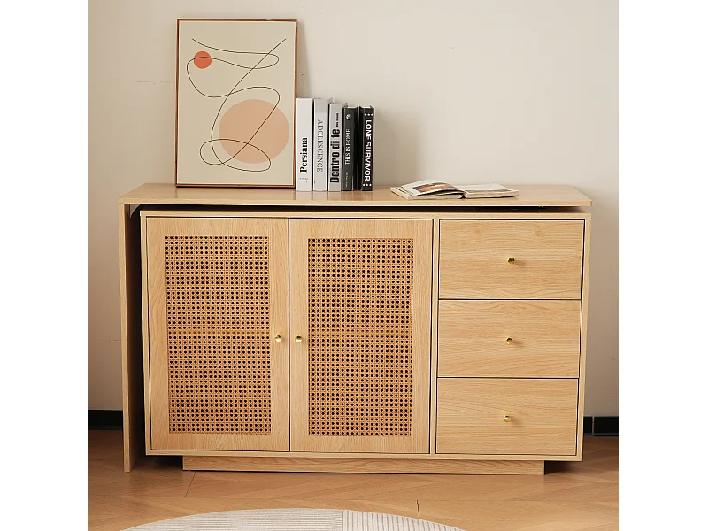 Bureau d'angle L, table d'ordinateur avec portes en rotin, design moderne, blanc, 126 cm (126x40x75 cm)