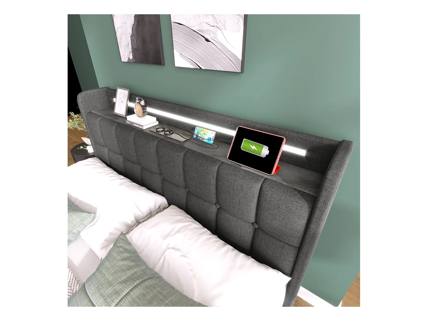 Lit avec Charge USB, Tête de Lit avec Éclairage LED et 4 Tiroirs, Lit Double 160x200 cm, Tissu Gris, Rangement Hydraulique (220x144.5x103.5 cm)