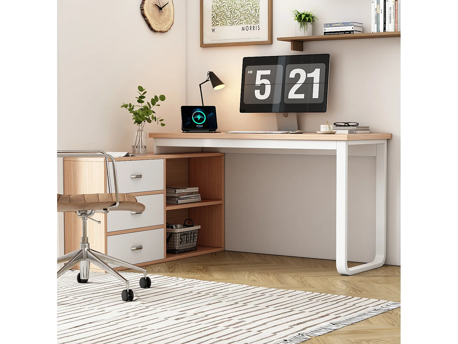 Scrivania con tre cassetti, due ripiani aperti, metallo + MDF, naturale (147x100x75,3 cm)