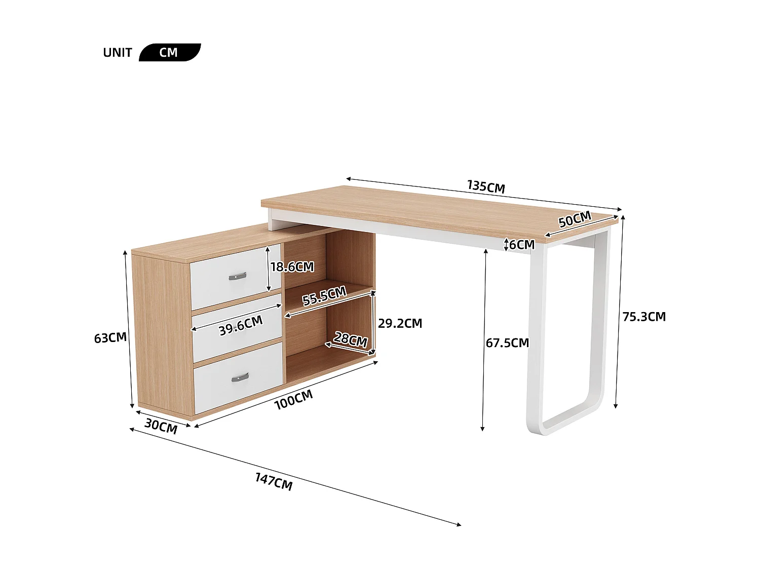 Scrivania con tre cassetti, due ripiani aperti, metallo + MDF, naturale (147x100x75,3 cm)
