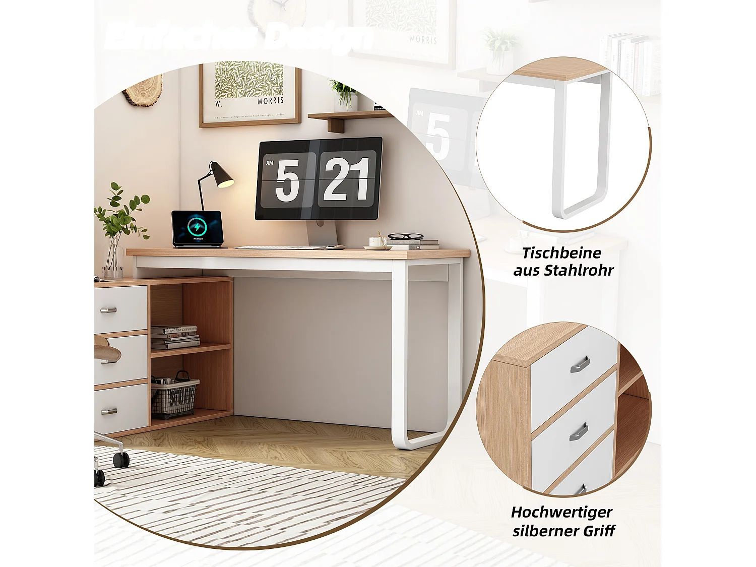 Scrivania con tre cassetti, due ripiani aperti, metallo + MDF, naturale (147x100x75,3 cm)