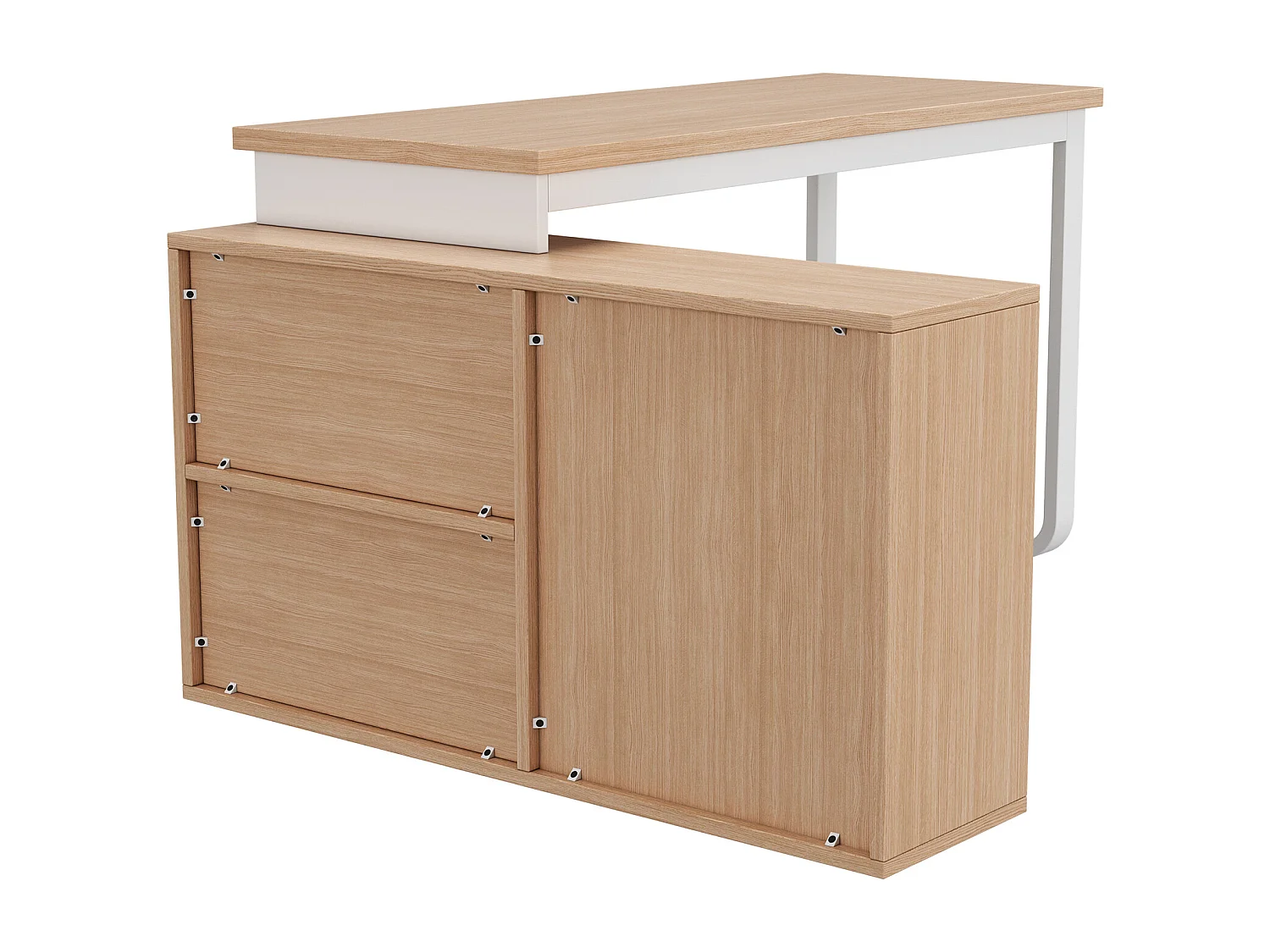 Scrivania con tre cassetti, due ripiani aperti, metallo + MDF, naturale (147x100x75,3 cm)