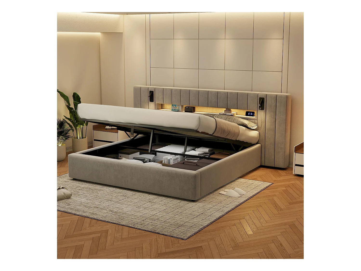 Lit avec LED et USB, avec lampe de chevet, rangement intégré, en velours gris (180x200x95 cm)