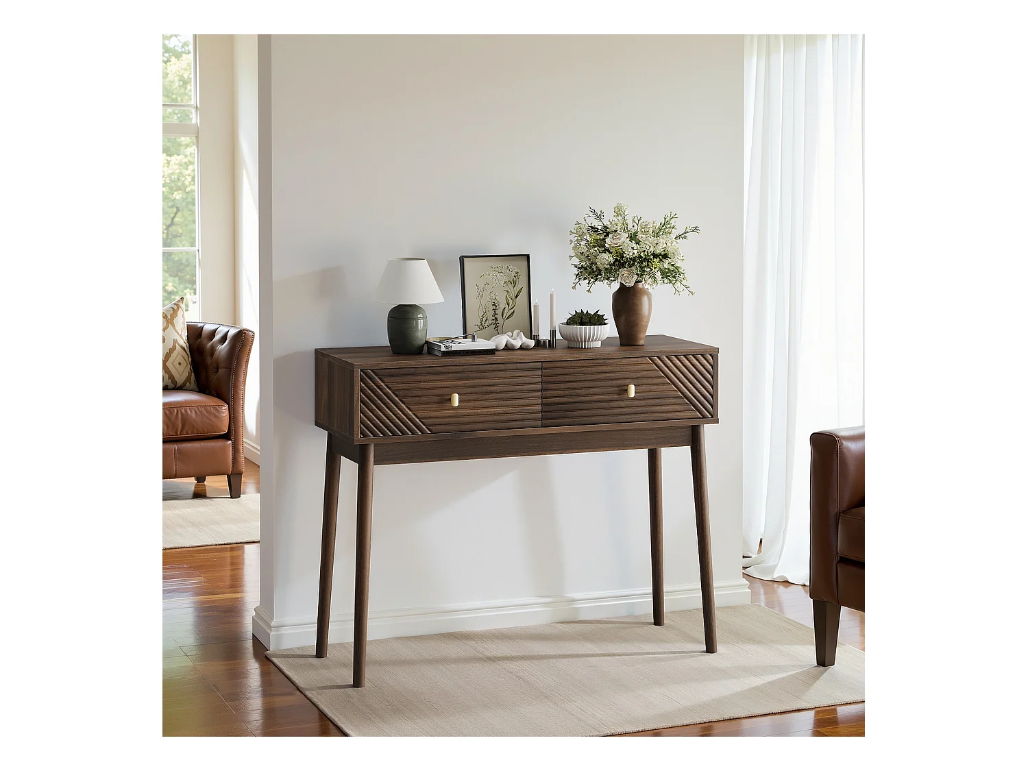 Bureau Mid-Century, 2 tiroirs, MDF, noyer (100x35x80 cm)