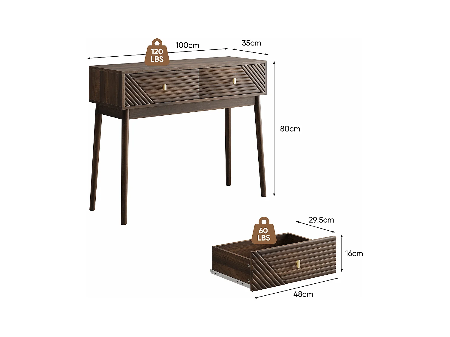 Bureau Mid-Century, 2 tiroirs, MDF, noyer (100x35x80 cm)