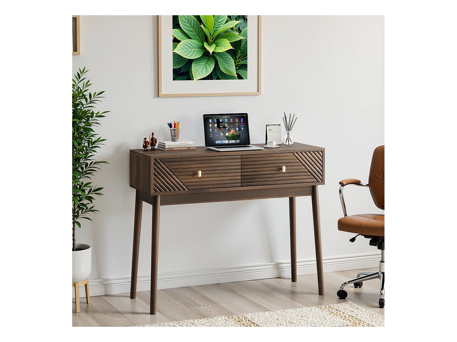 Bureau Mid-Century, 2 tiroirs, MDF, noyer (100x35x80 cm)