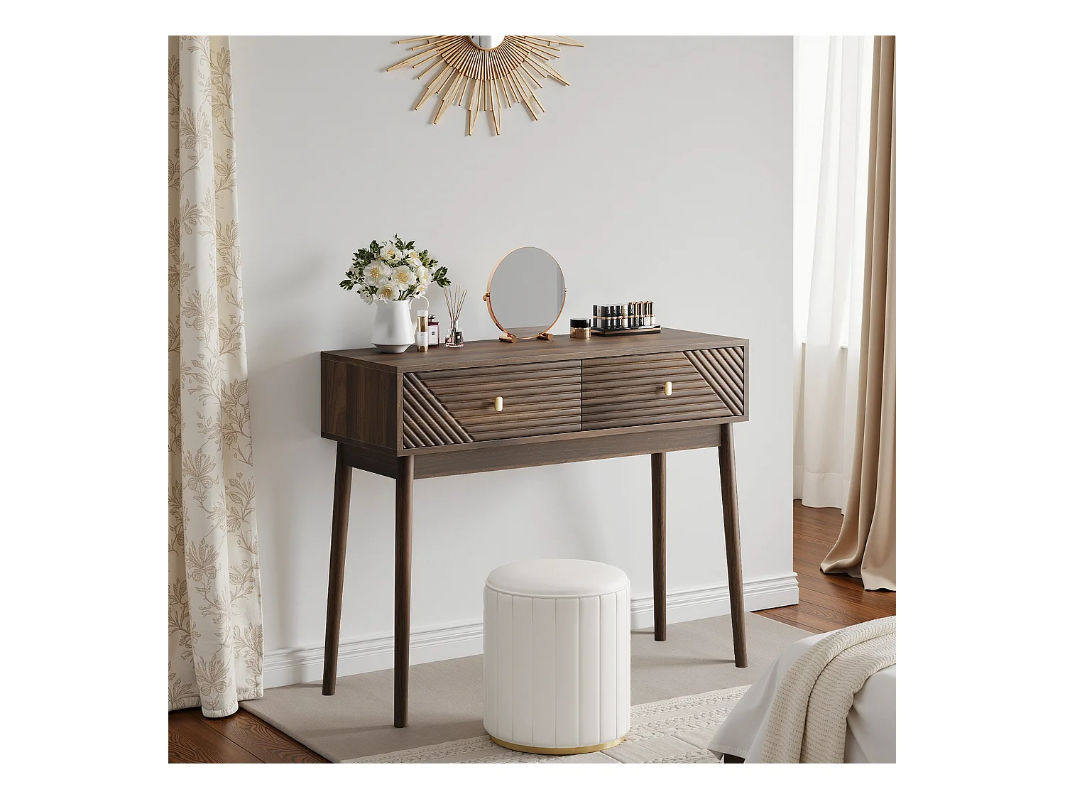 Bureau Mid-Century, 2 tiroirs, MDF, noyer (100x35x80 cm)