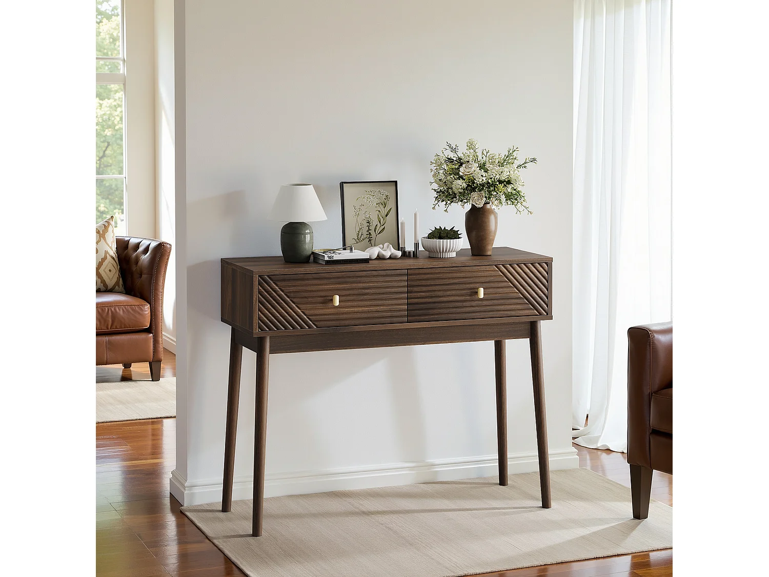 Bureau Mid-Century, 2 tiroirs, MDF, noyer (100x35x80 cm)