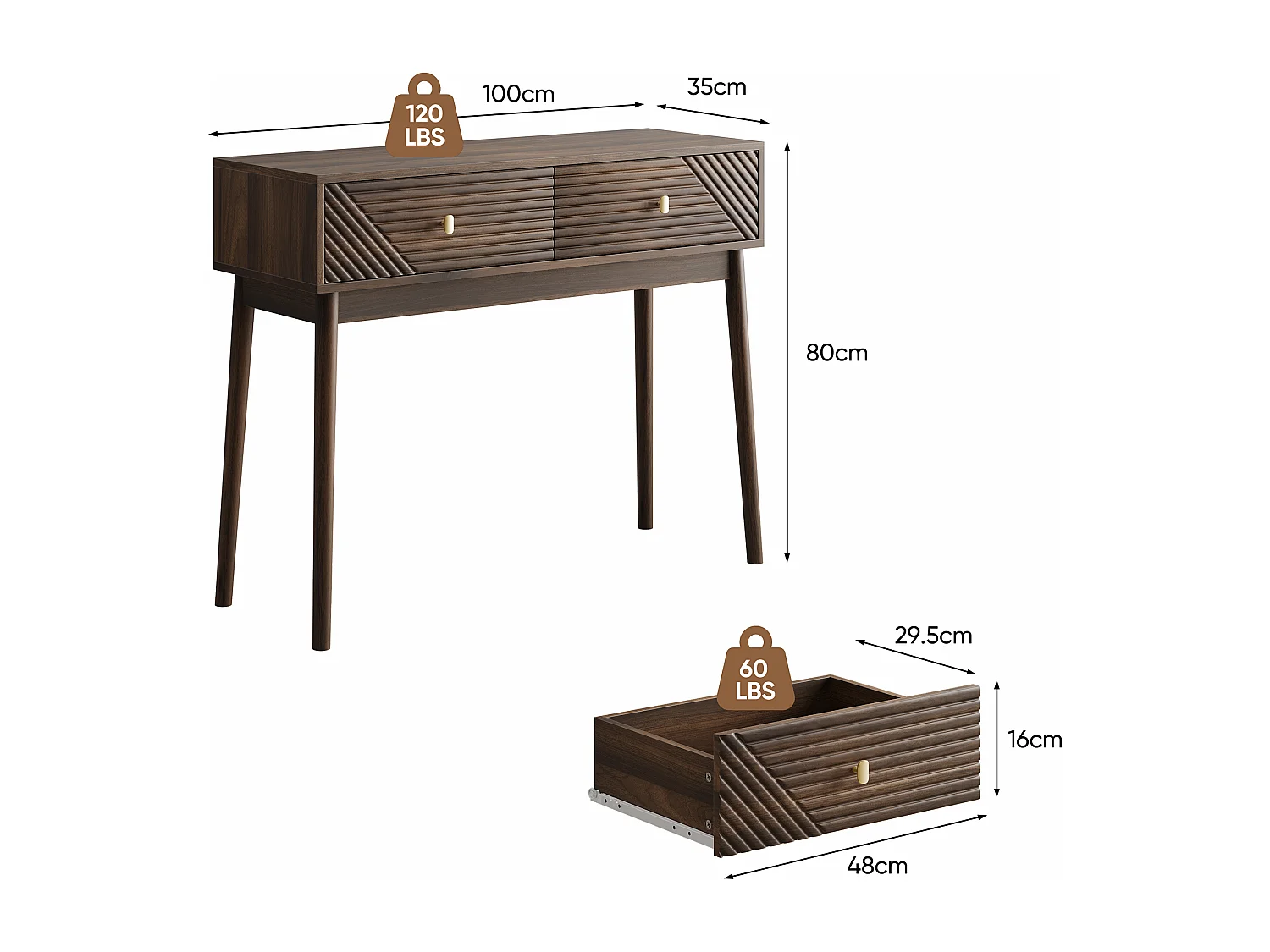 Bureau Mid-Century, 2 tiroirs, MDF, noyer (100x35x80 cm)