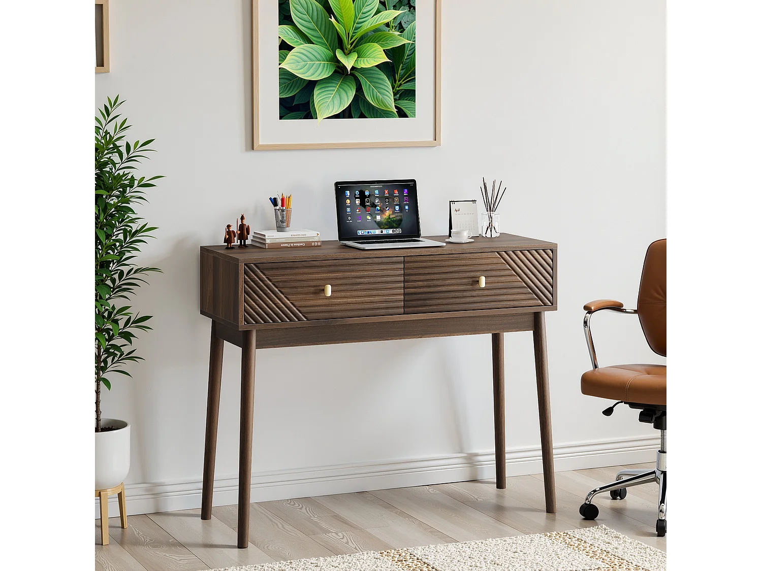 Bureau Mid-Century, 2 tiroirs, MDF, noyer (100x35x80 cm)