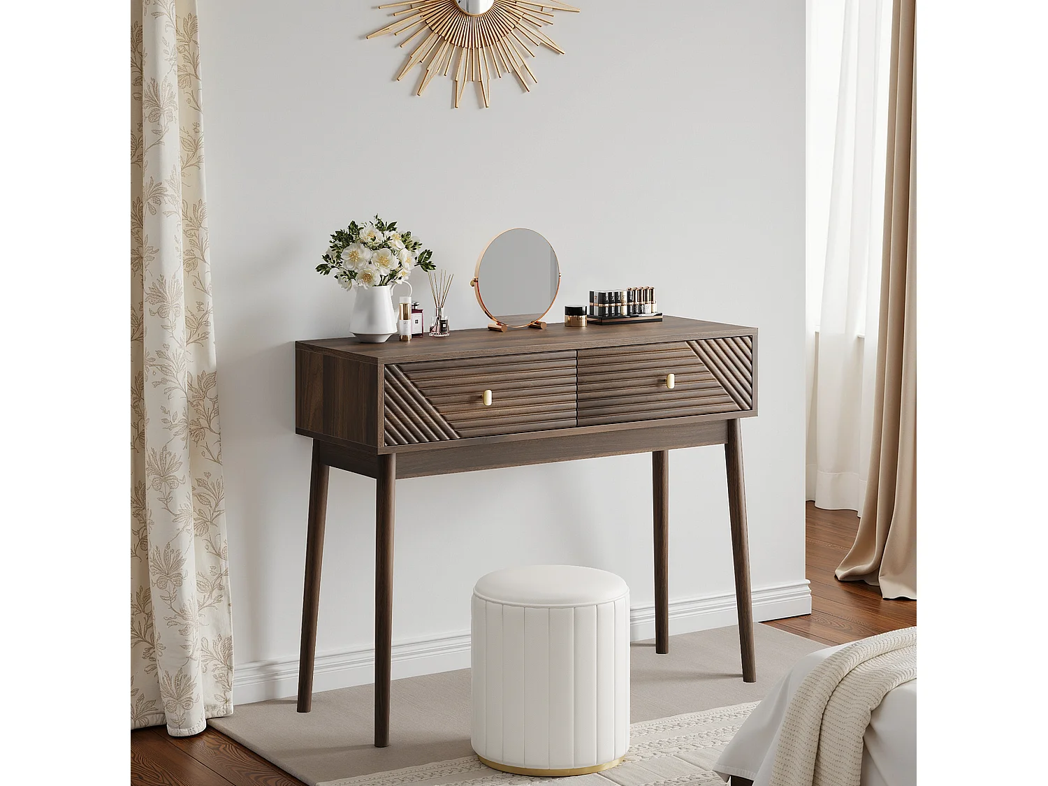 Bureau Mid-Century, 2 tiroirs, MDF, noyer (100x35x80 cm)