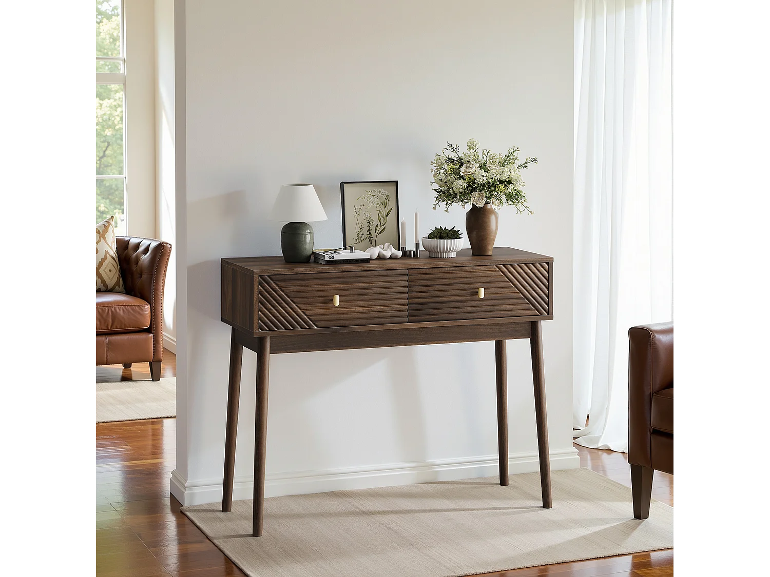 Mid-Century bureau, 2 laden, MDF, notenhout (100x35x80 cm)