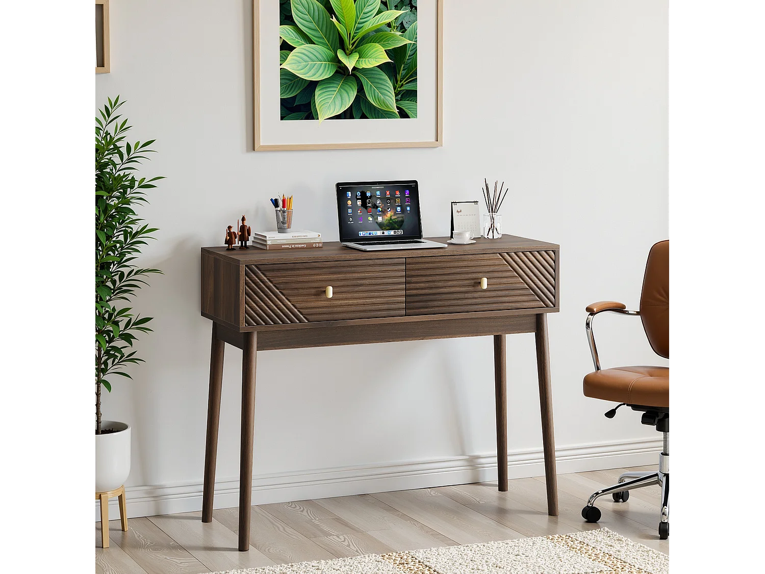 Mid-Century bureau, 2 laden, MDF, notenhout (100x35x80 cm)