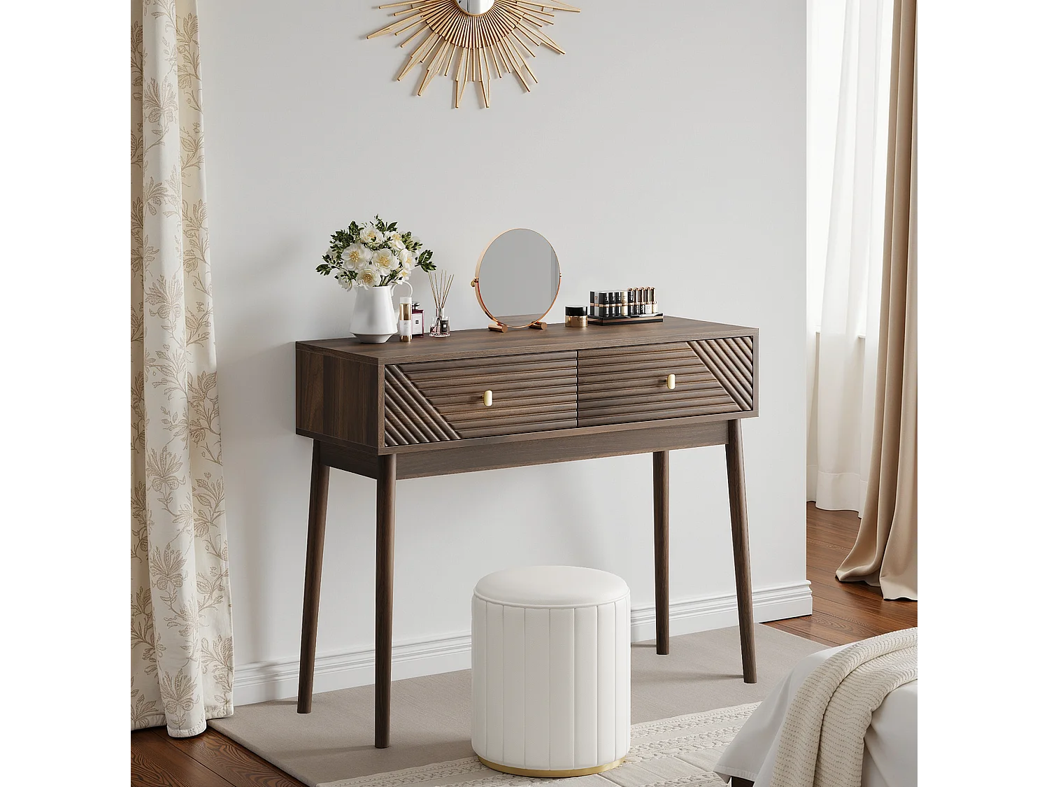 Mid-Century bureau, 2 laden, MDF, notenhout (100x35x80 cm)